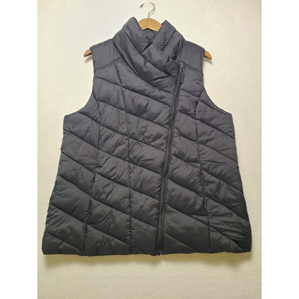 Nicole Miller XL Puffer Vest Chic Outdoor Black Asymmetrical Zip Quilted Shawl
